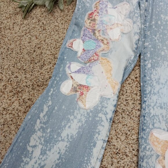 3794 Size 12 RNIT Upcycled BleachDyed Quilted Applique Boot Cut Jeans. - Picture 3 of 6